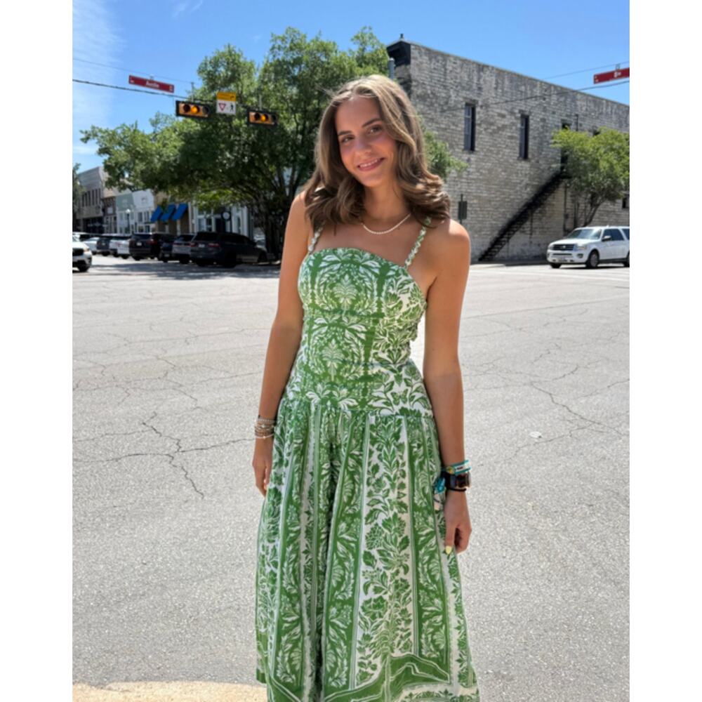 FARM RIO Delicate Tapestry Green Linen Midi Dress Size Small NEW - Picture 3 of 13